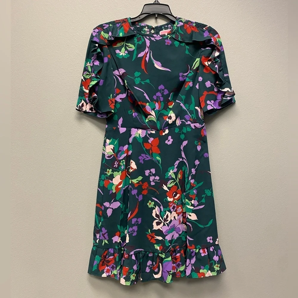 NWOT Kate Spade Fleur Nouveau Mini Dress Smocked Ruffle Green Women Size 0
